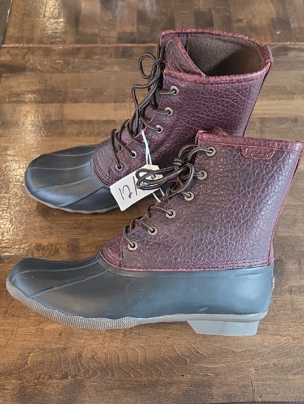 Sperry Size 12 Men’s Waterproof Leather Lace-Up Duck Rain Boots - Burgundy/Black